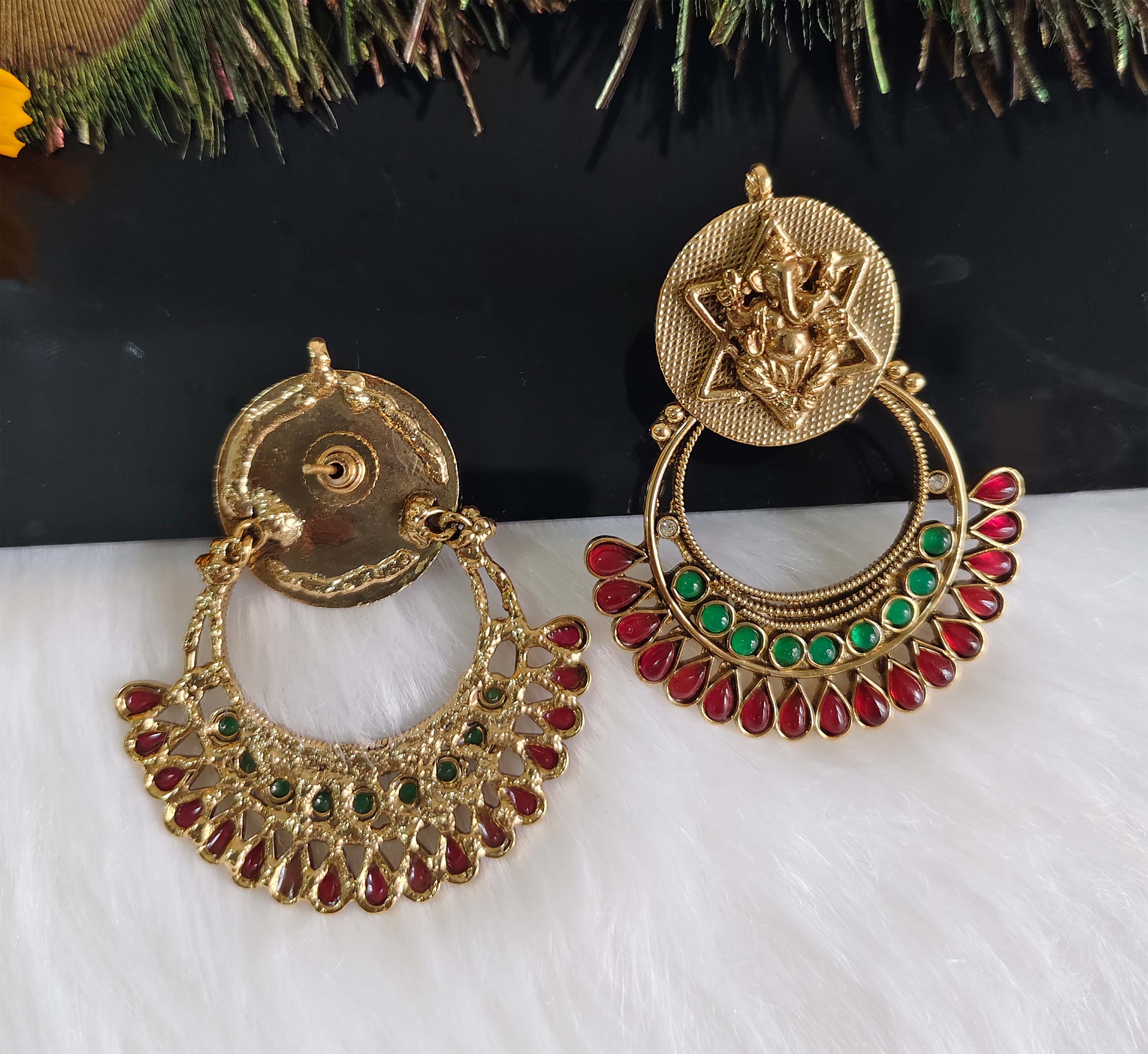 Gold Plated Temple Ganesh Stone Earrings T2848