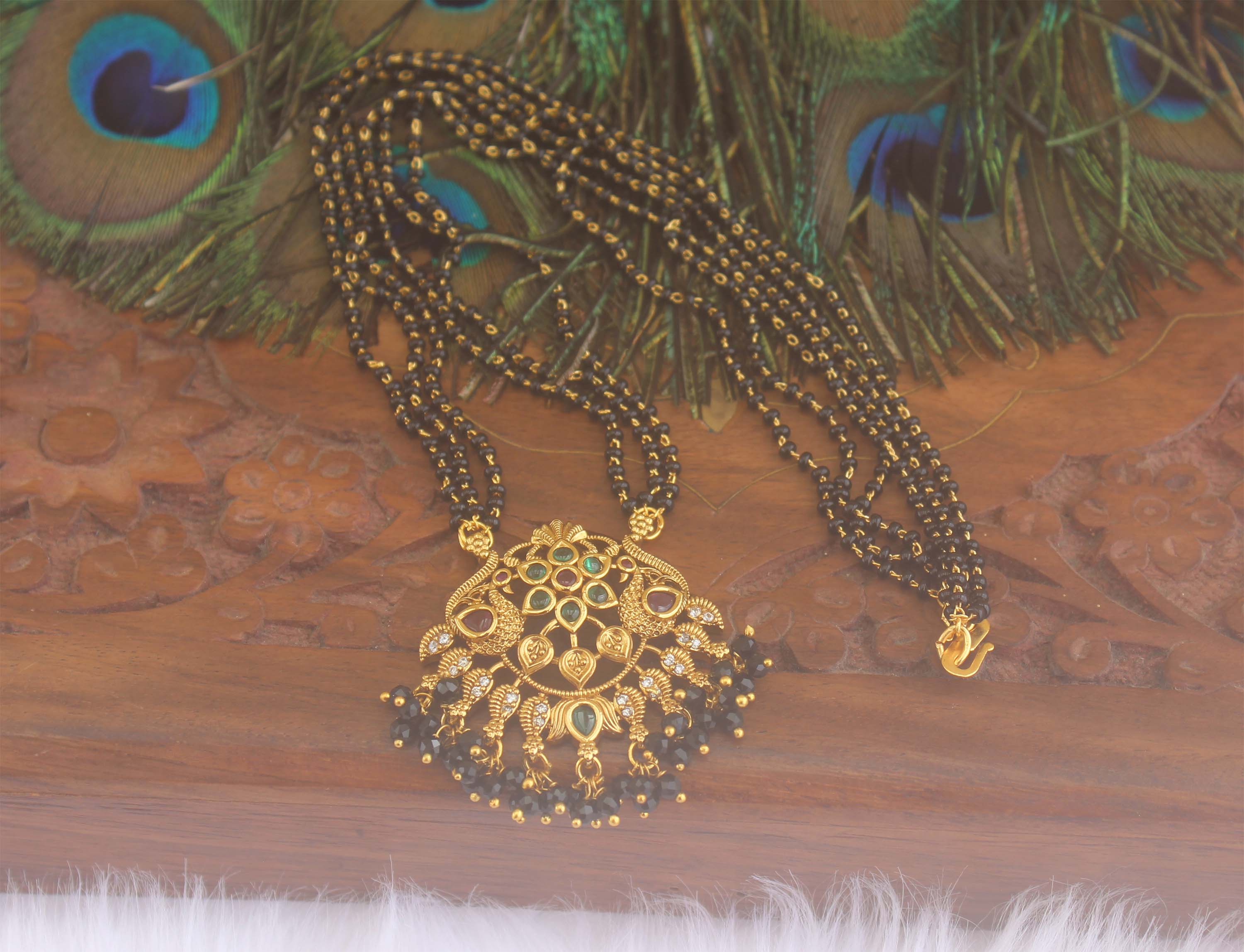 Multi Color Peacock Black Beads Necklace T2220