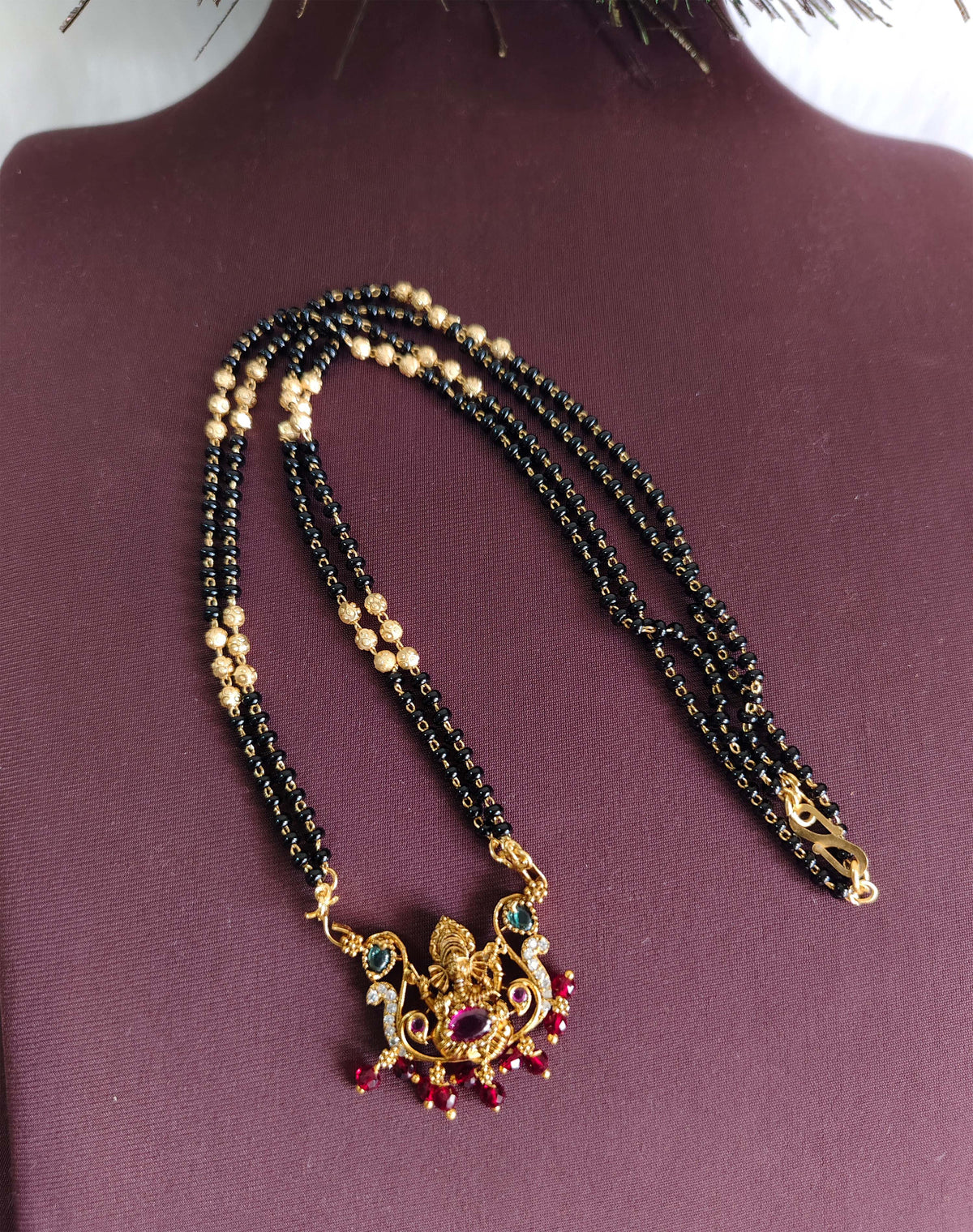 Gold Plated Temple Ganesh Black Beads Necklace T3140