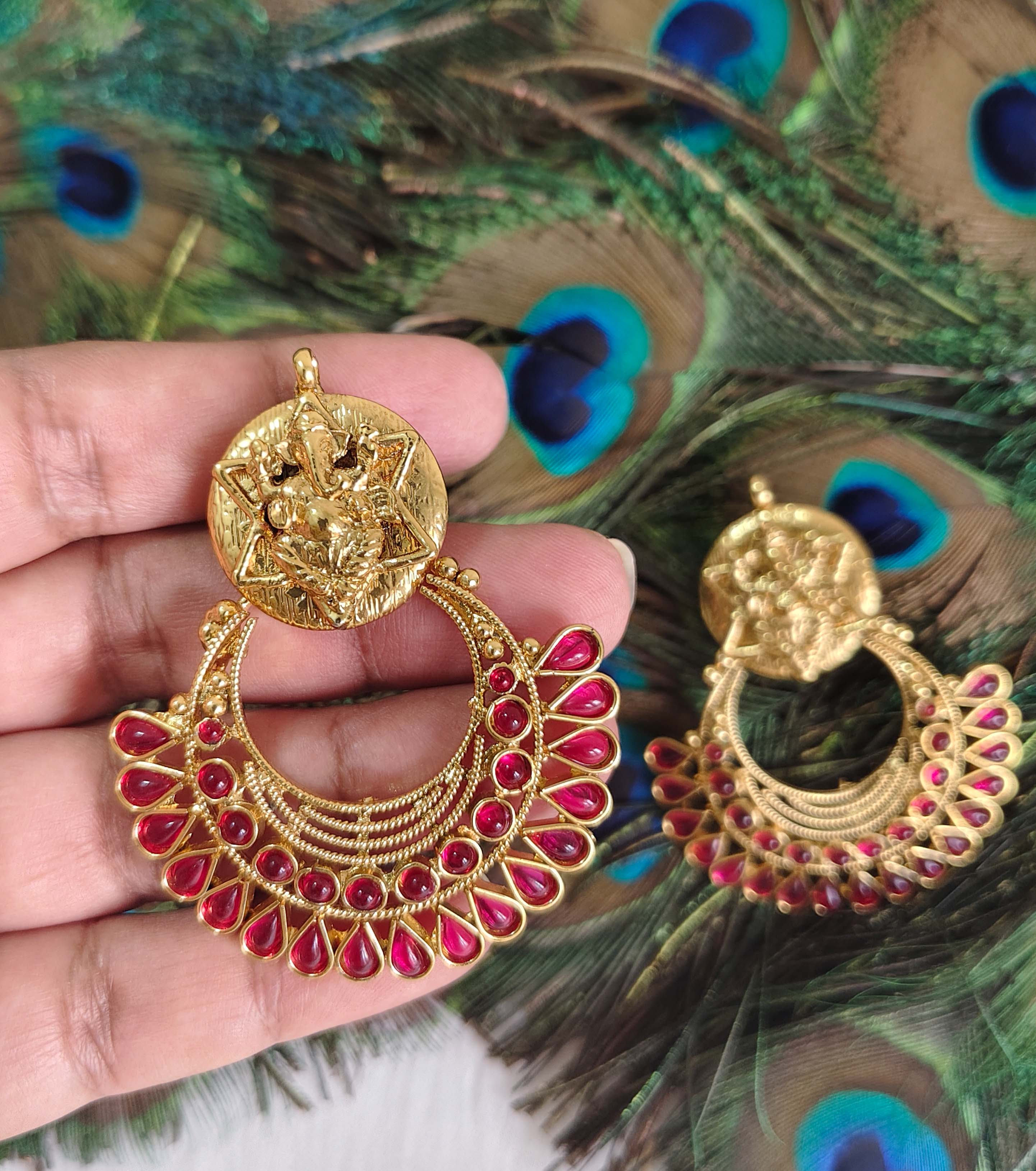 Temple Ganesh Gold Plated Stone Earrings T2843