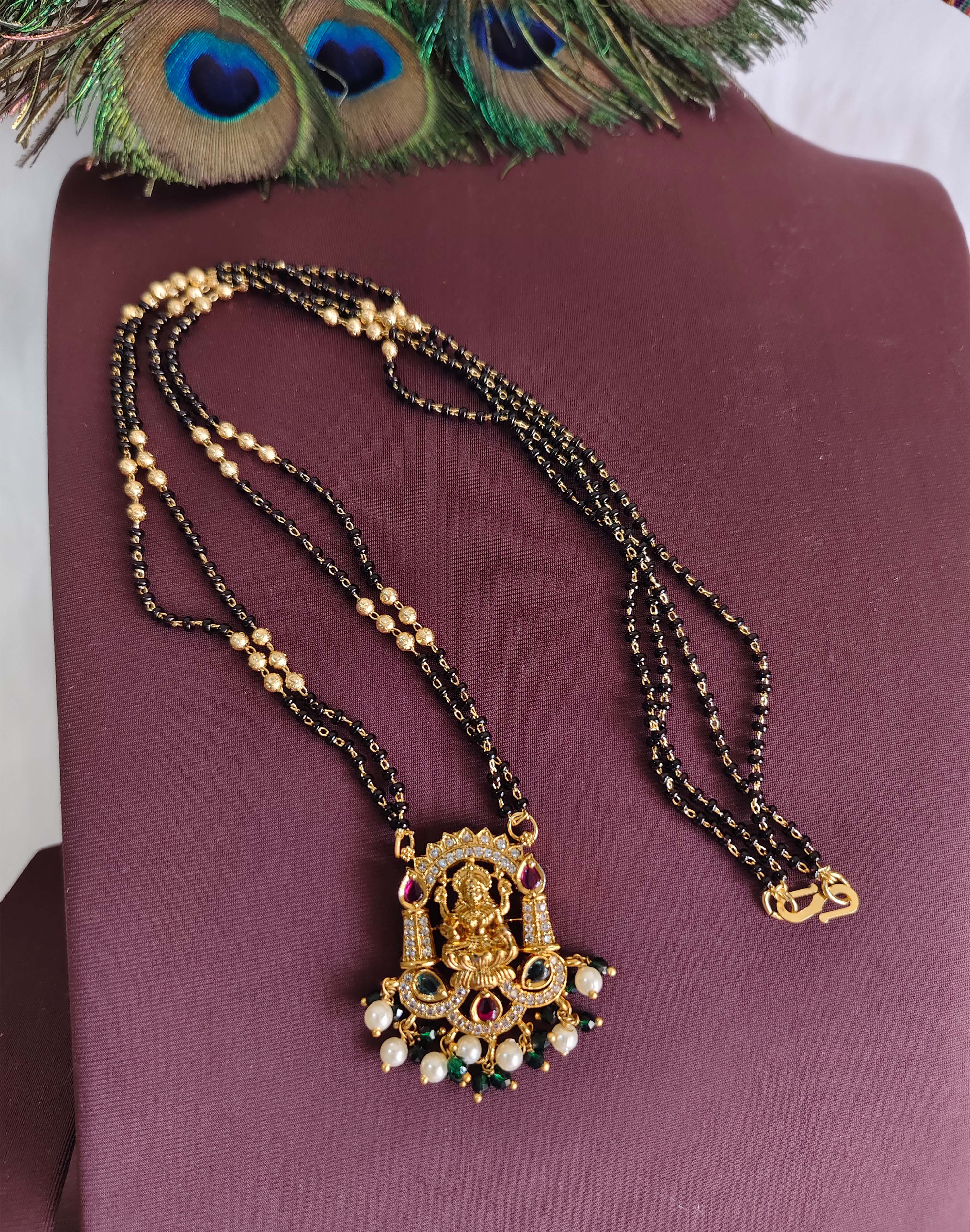 Temple Lakshmi Gold Plated Black Beads Necklace T3146