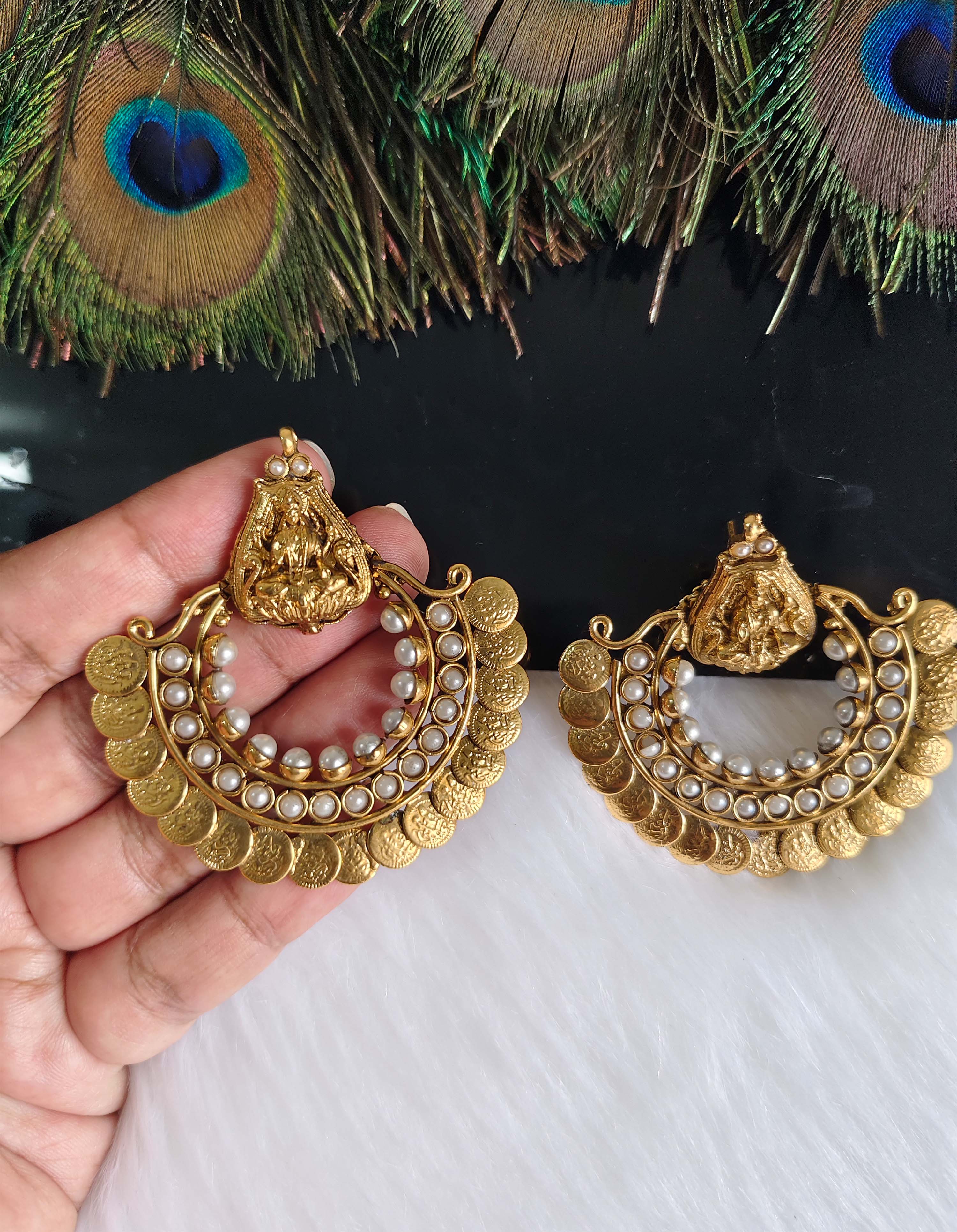 Gold Plated Temple Lakshmi Pearl Earrings T2851