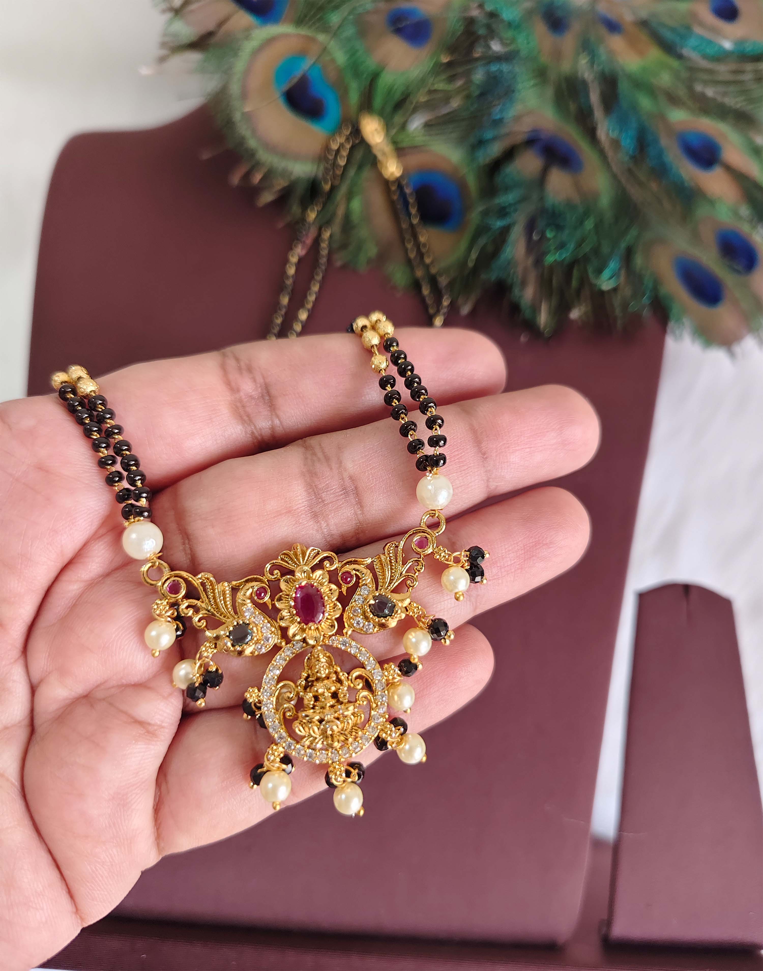 CZ Stone Gold Plated Temple Peacock Black Beads Necklace T3151