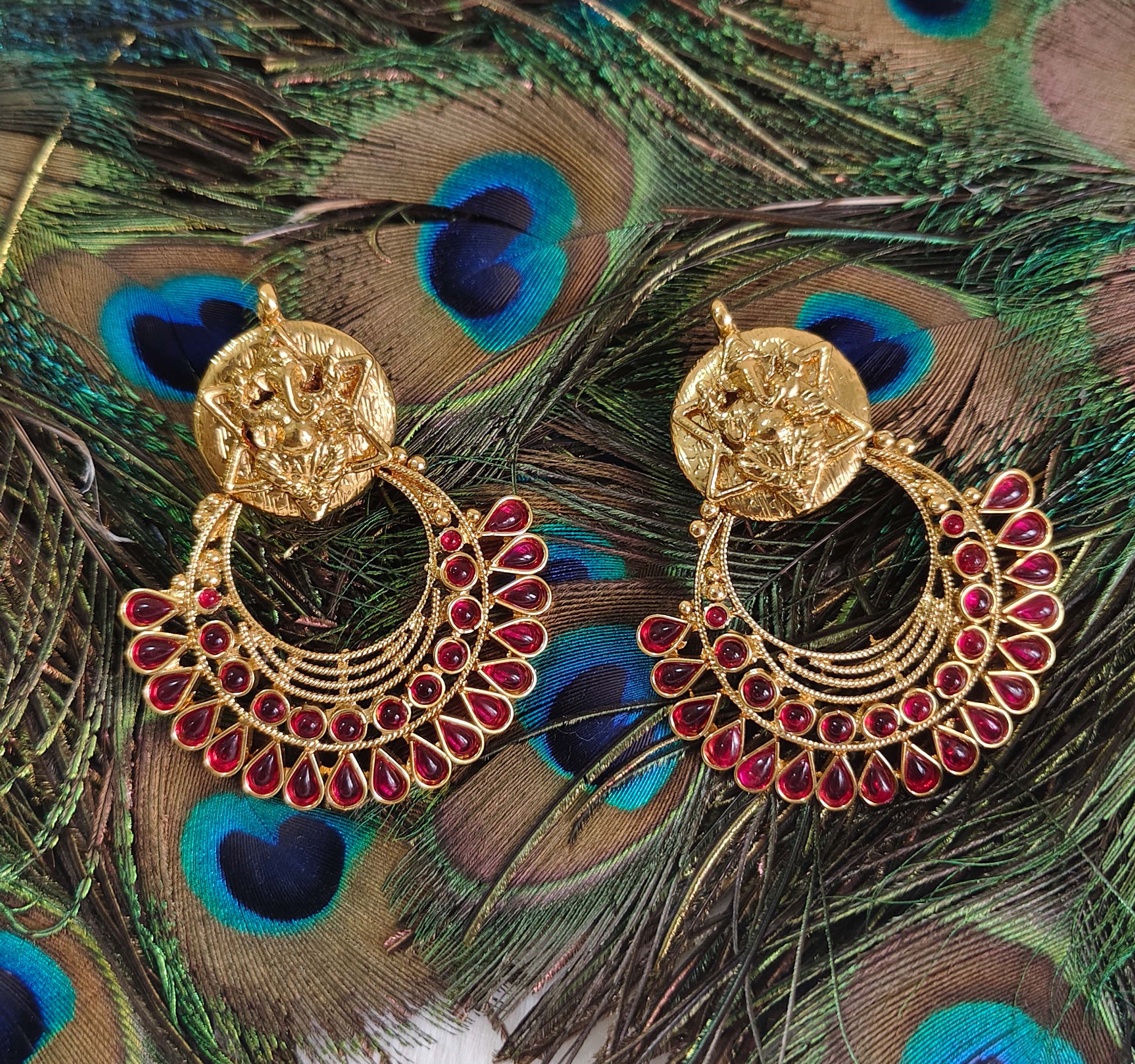 Temple Ganesh Gold Plated Stone Earrings T2843