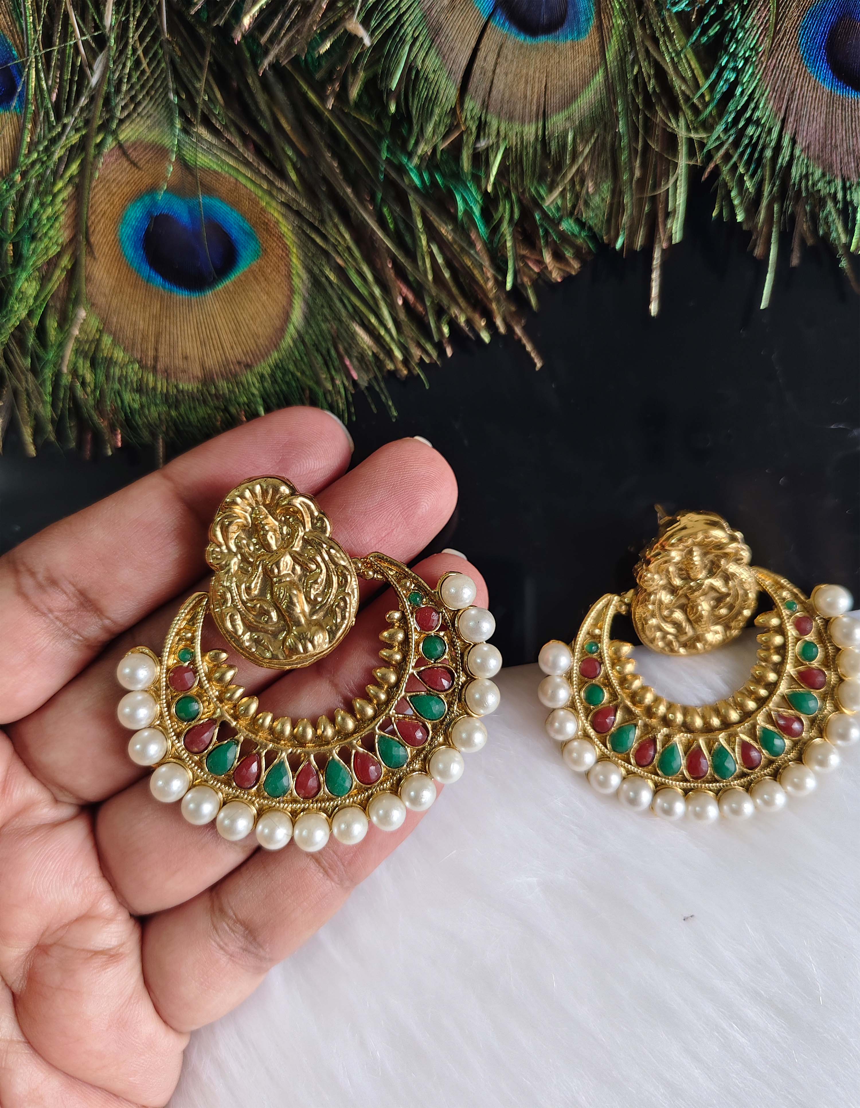 Temple Lakshmi Gold Plated Pearl Stone Earrings T2852