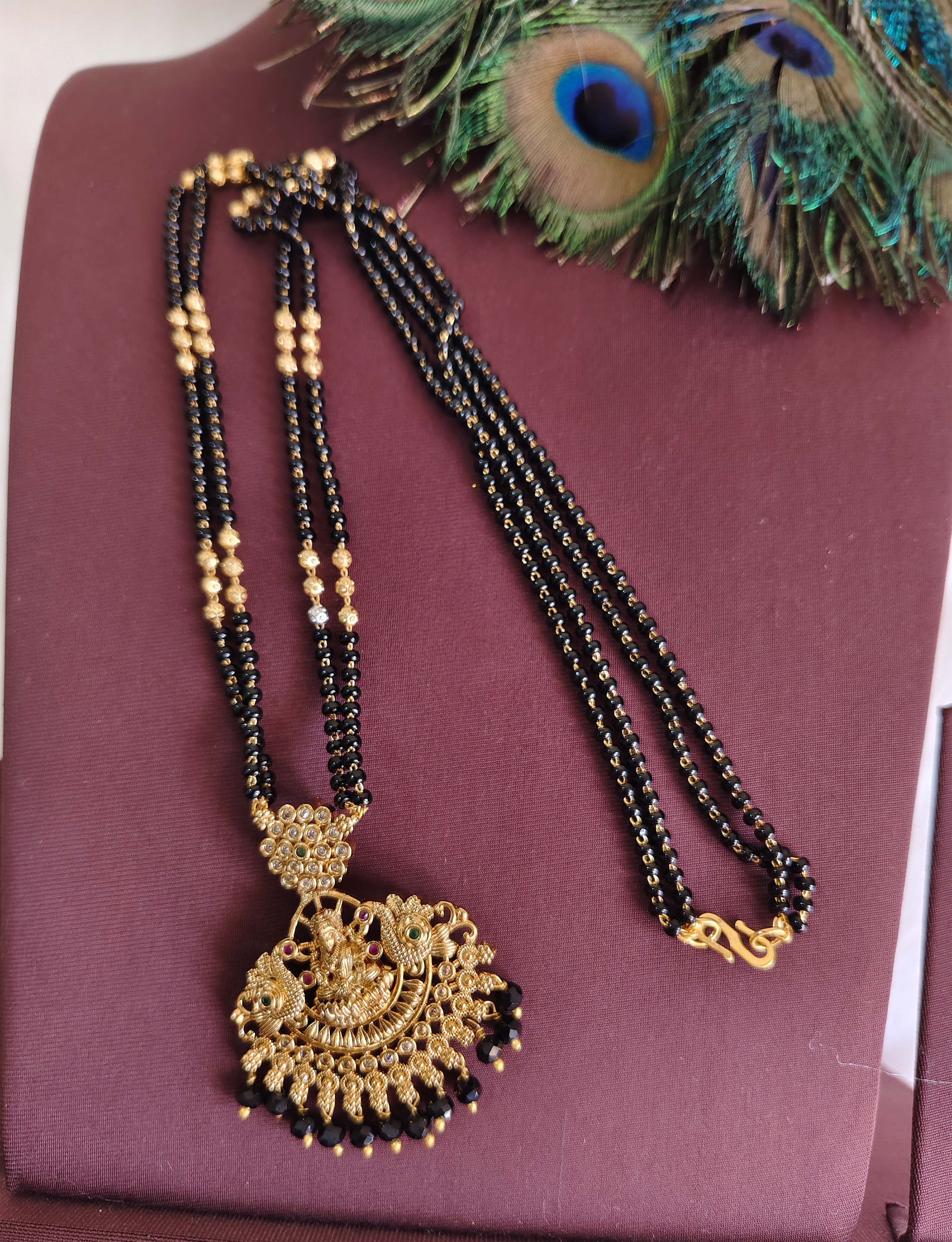 Temple Lakshmi Gold Plated Long Black Beads Necklace T3153