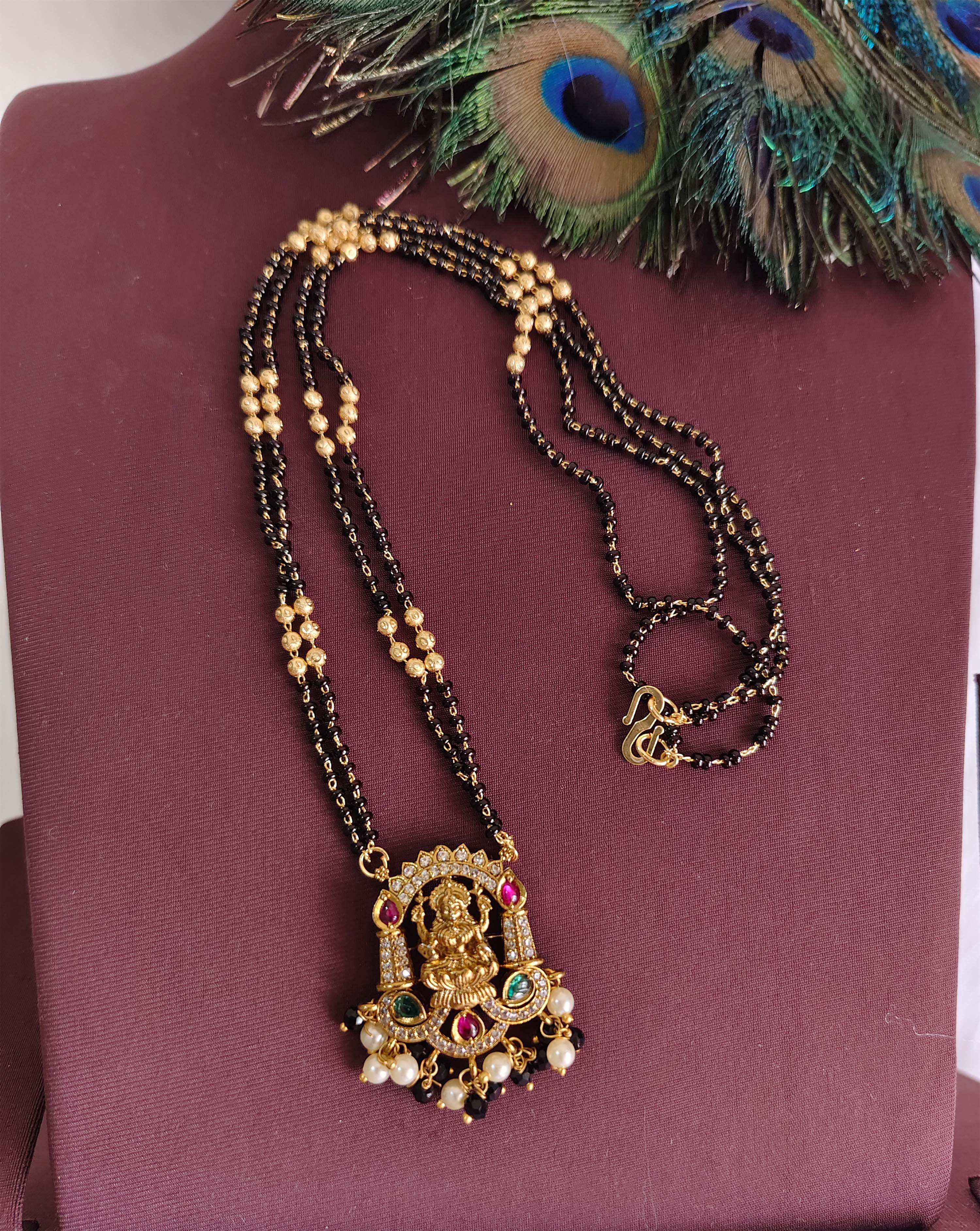 Temple Lakshmi Gold Plated Black Beads Necklace T3147