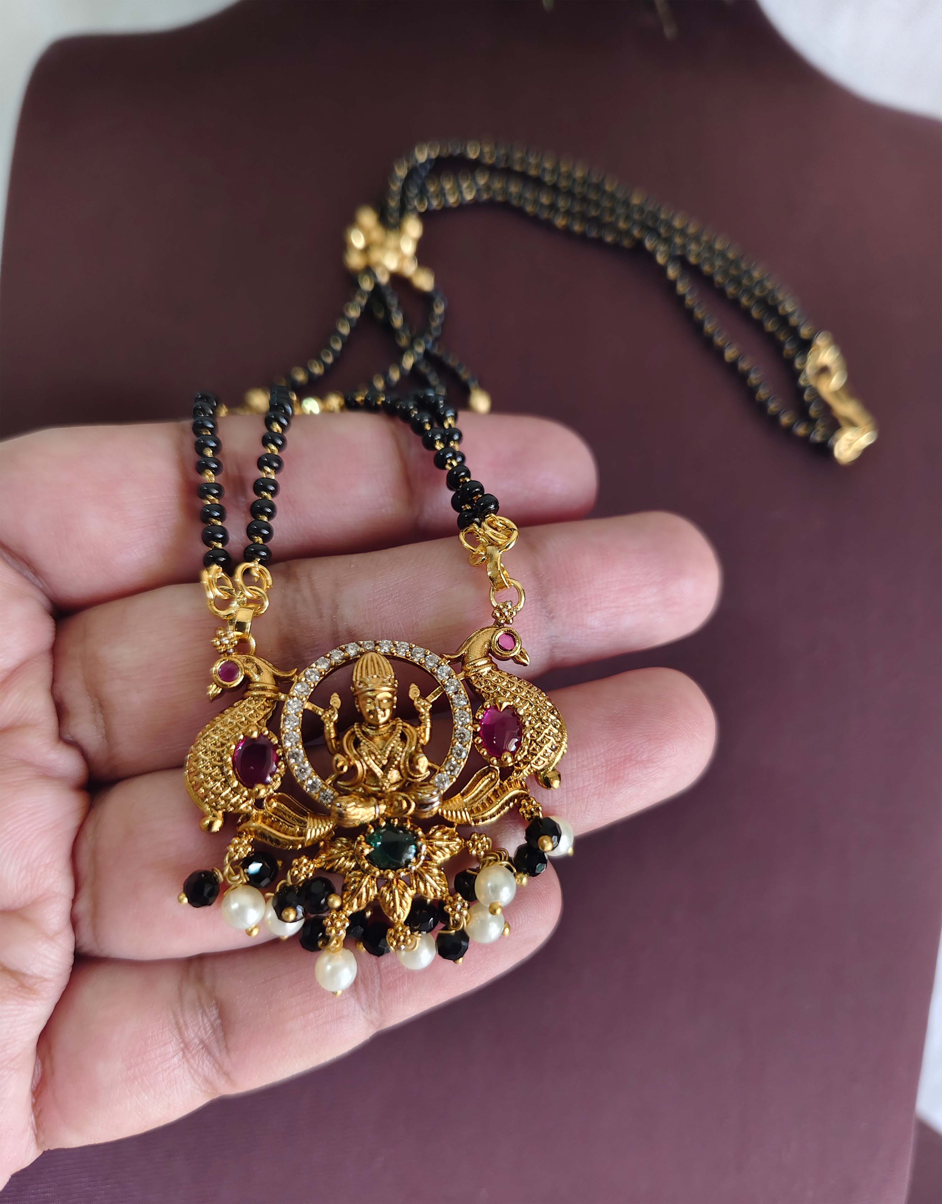 Gold Plated Temple Peacock Black Beads Necklace T3133