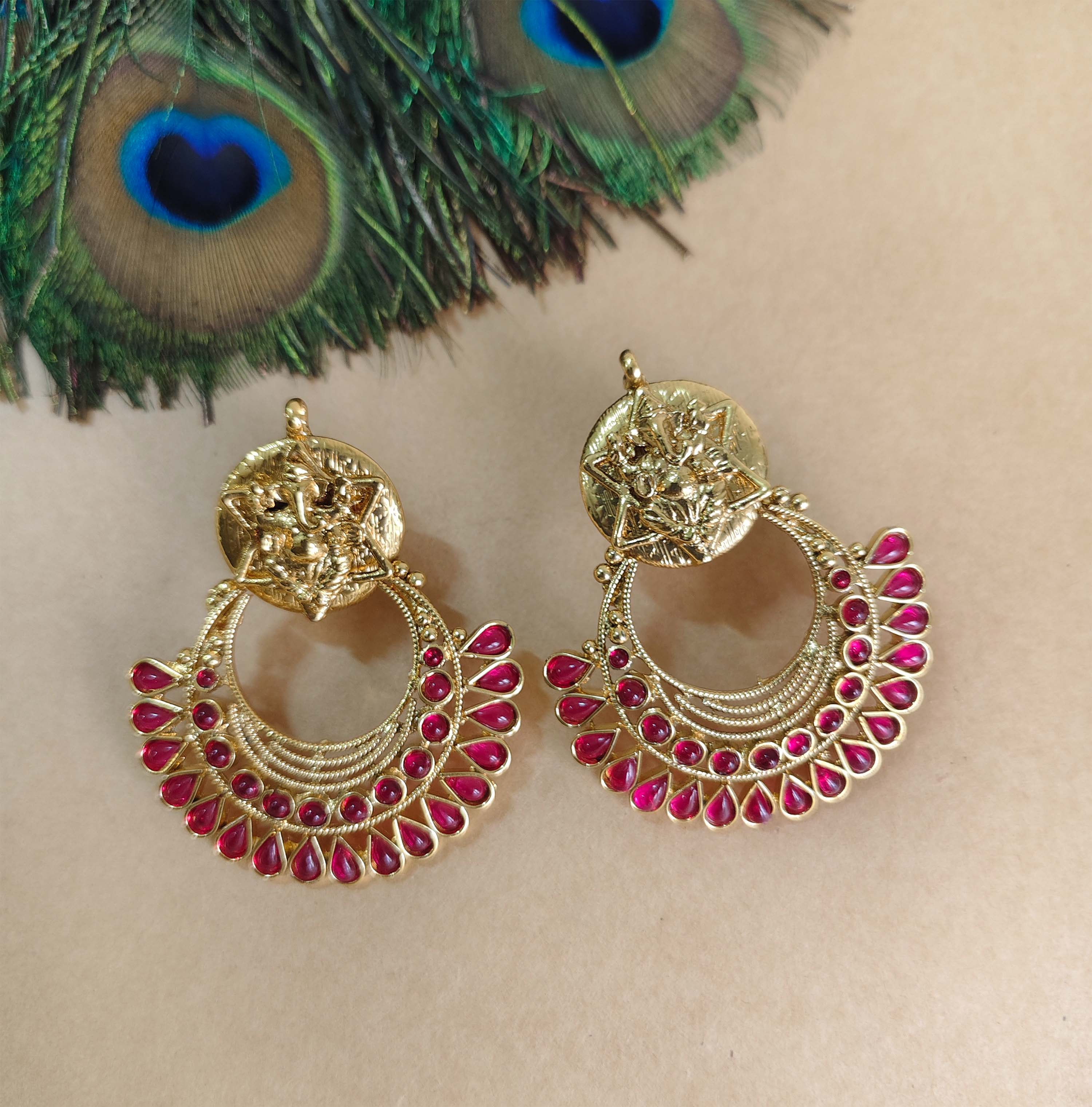 Temple Ganesh Gold Plated Stone Earrings T2843