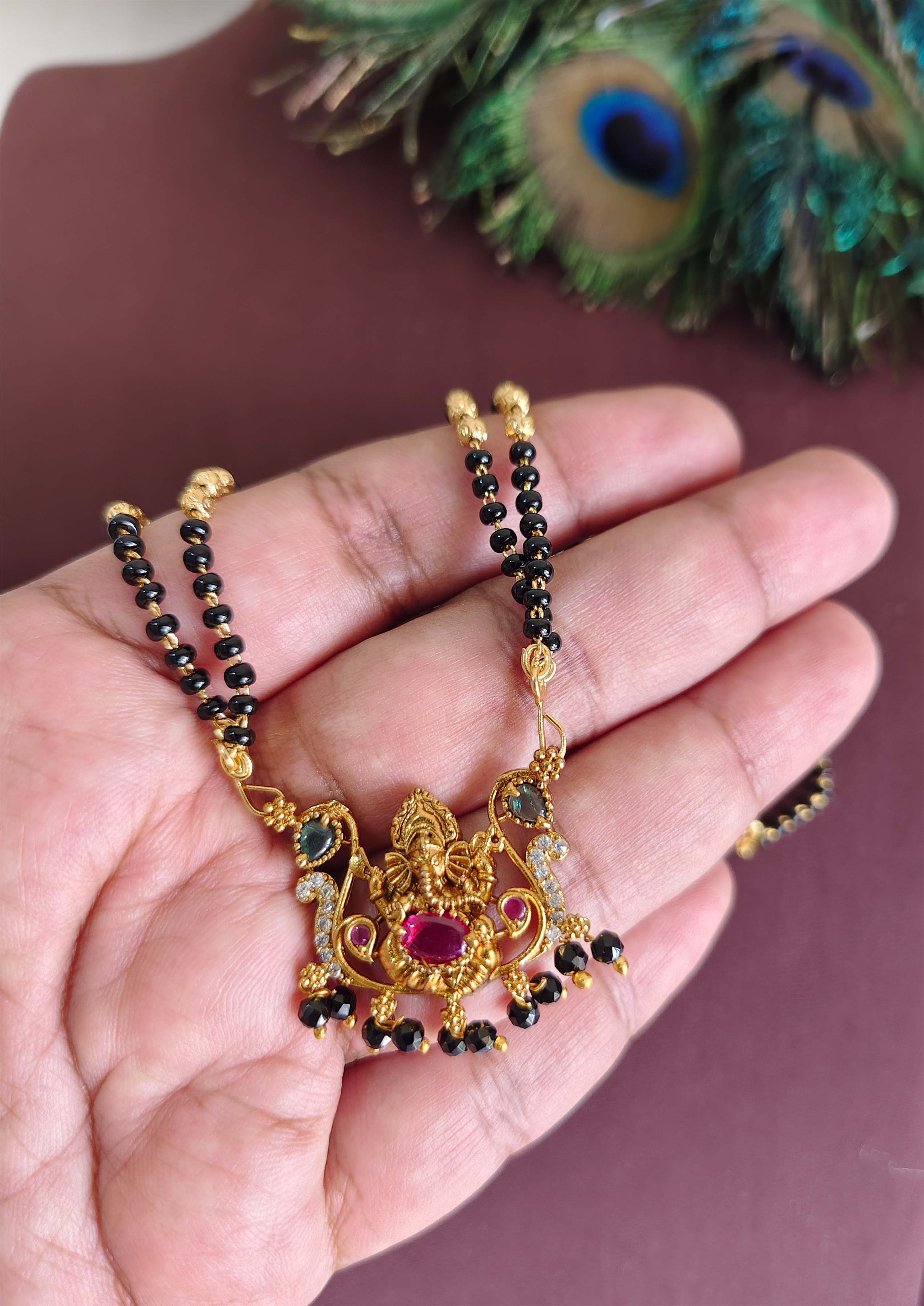 Gold Plated Temple Ganesh Black Beads Necklace T3141