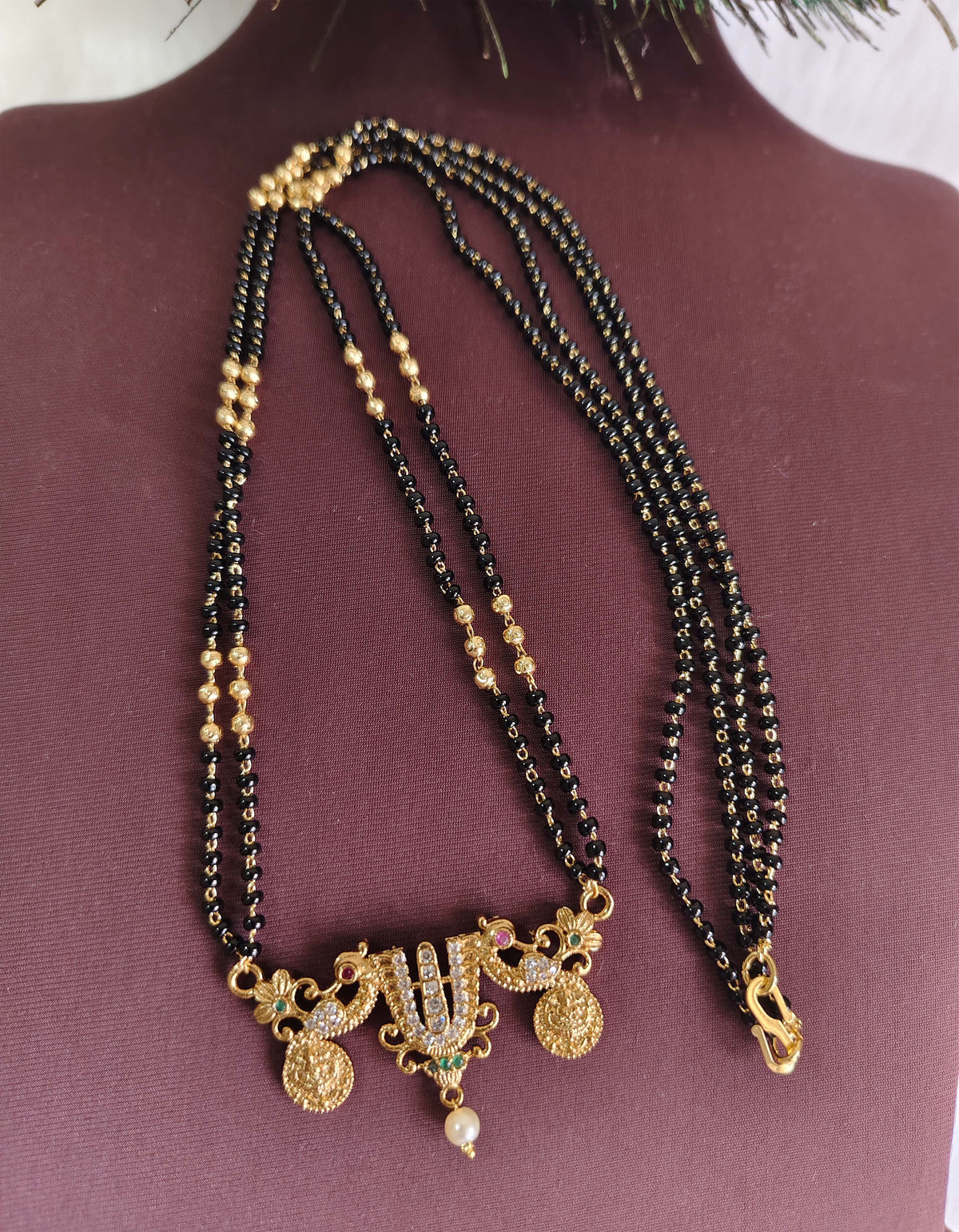 Gold Plated Temple CZ Stone Long Black Beads Necklace T3134