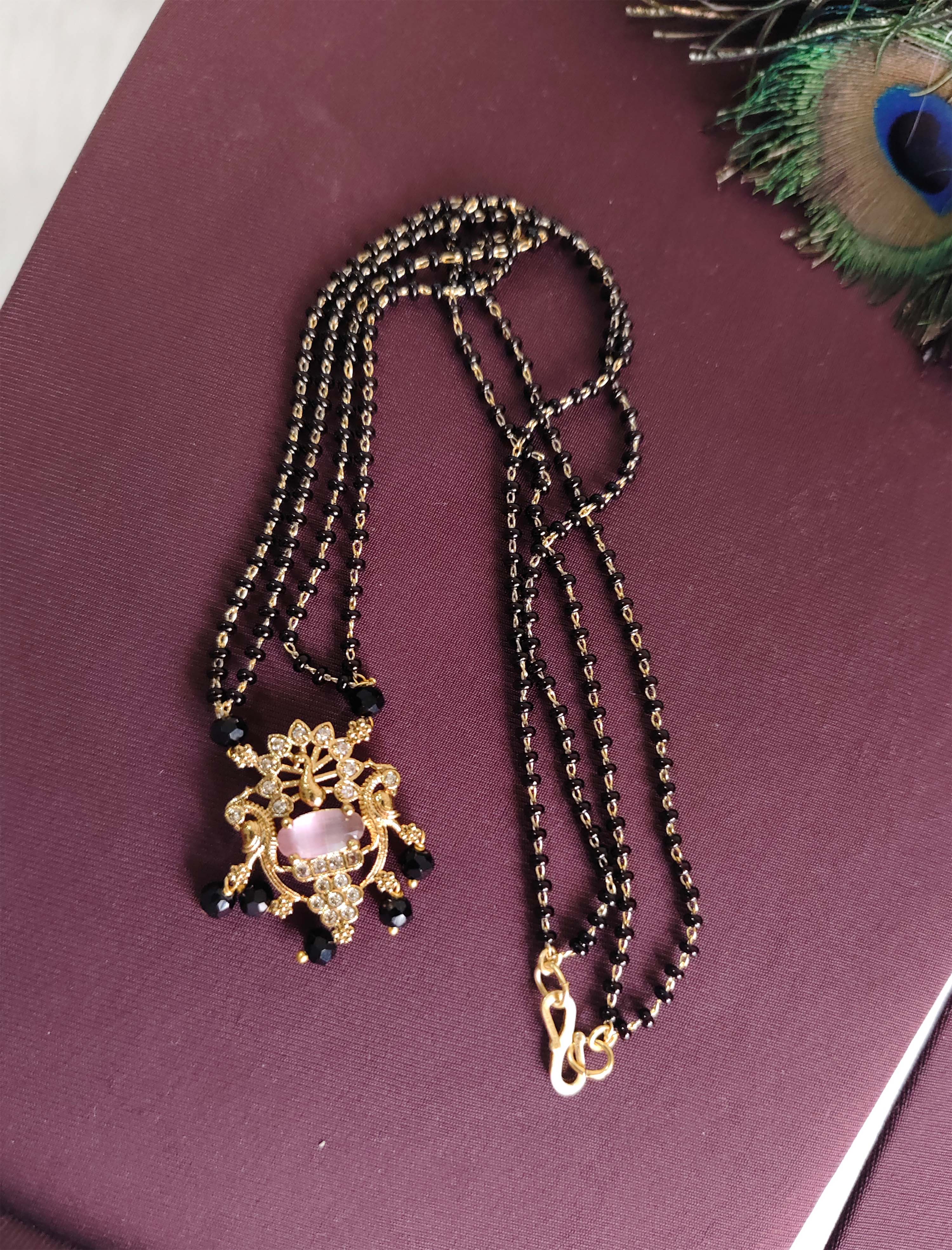 Gold Plated Peacock Stone Black Beads Necklace T3156