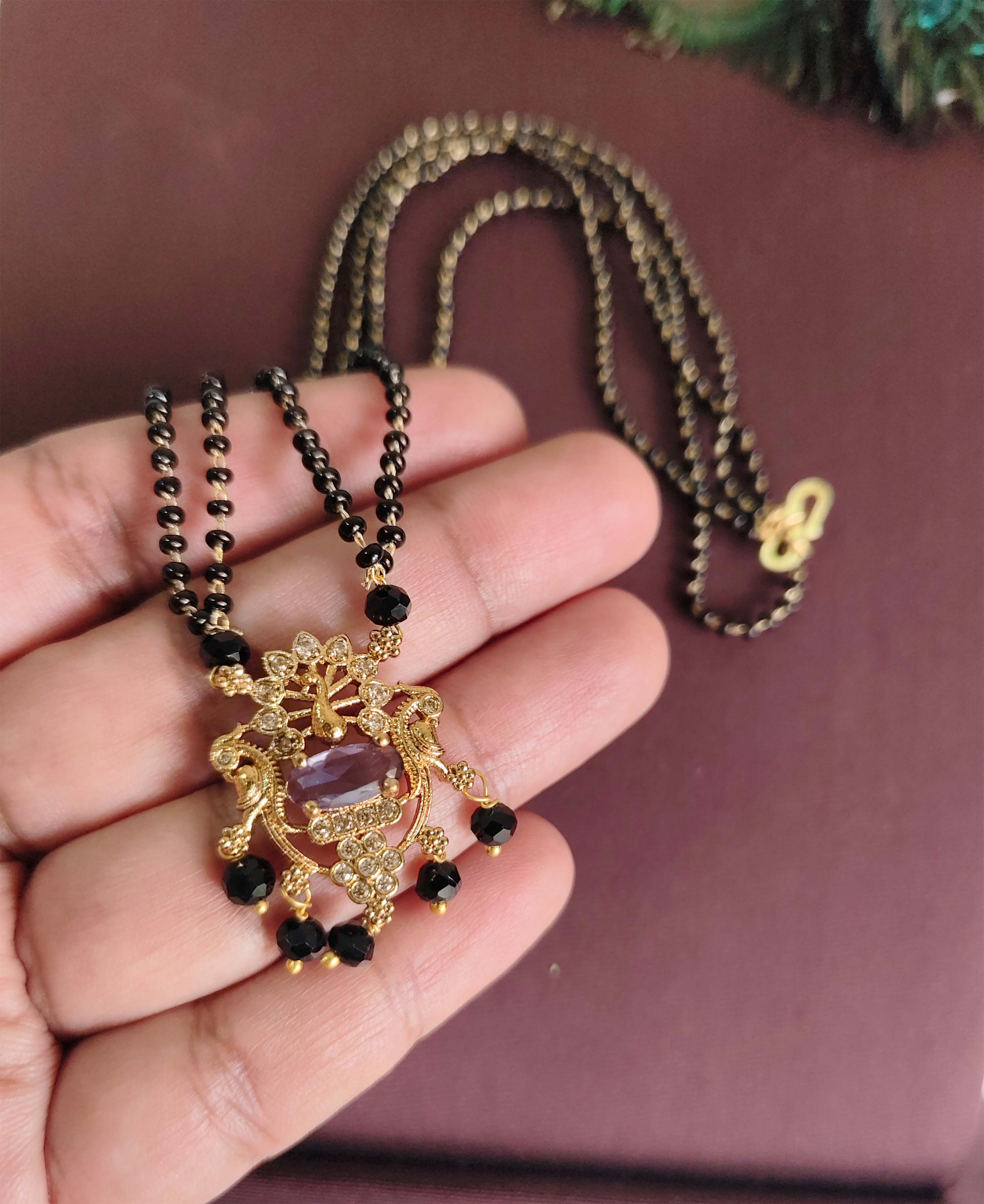 Gold Plated Peacock Stone Black Beads Necklace T3158