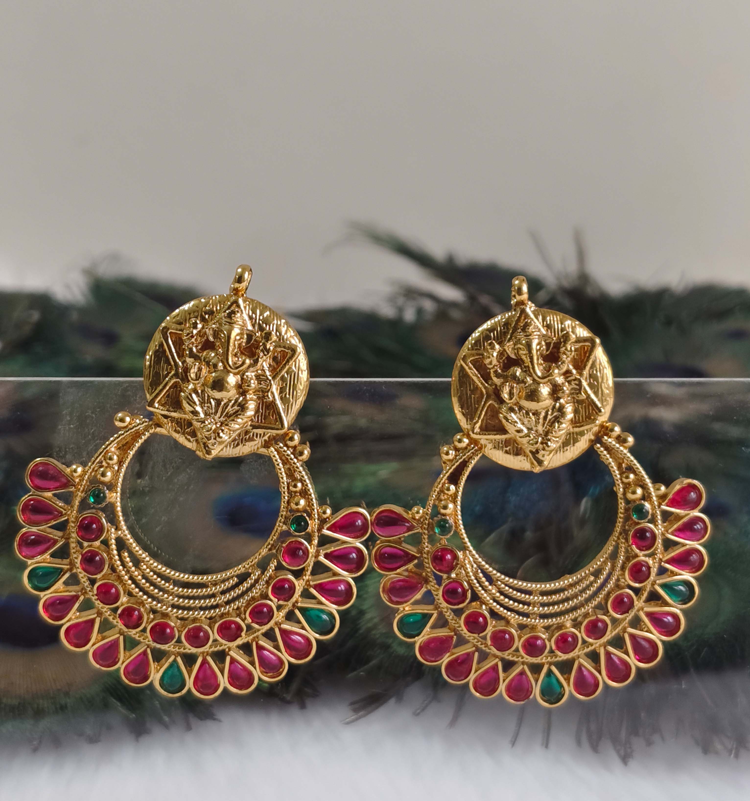 Temple Ganesh Gold Plated Stone Earrings T2844