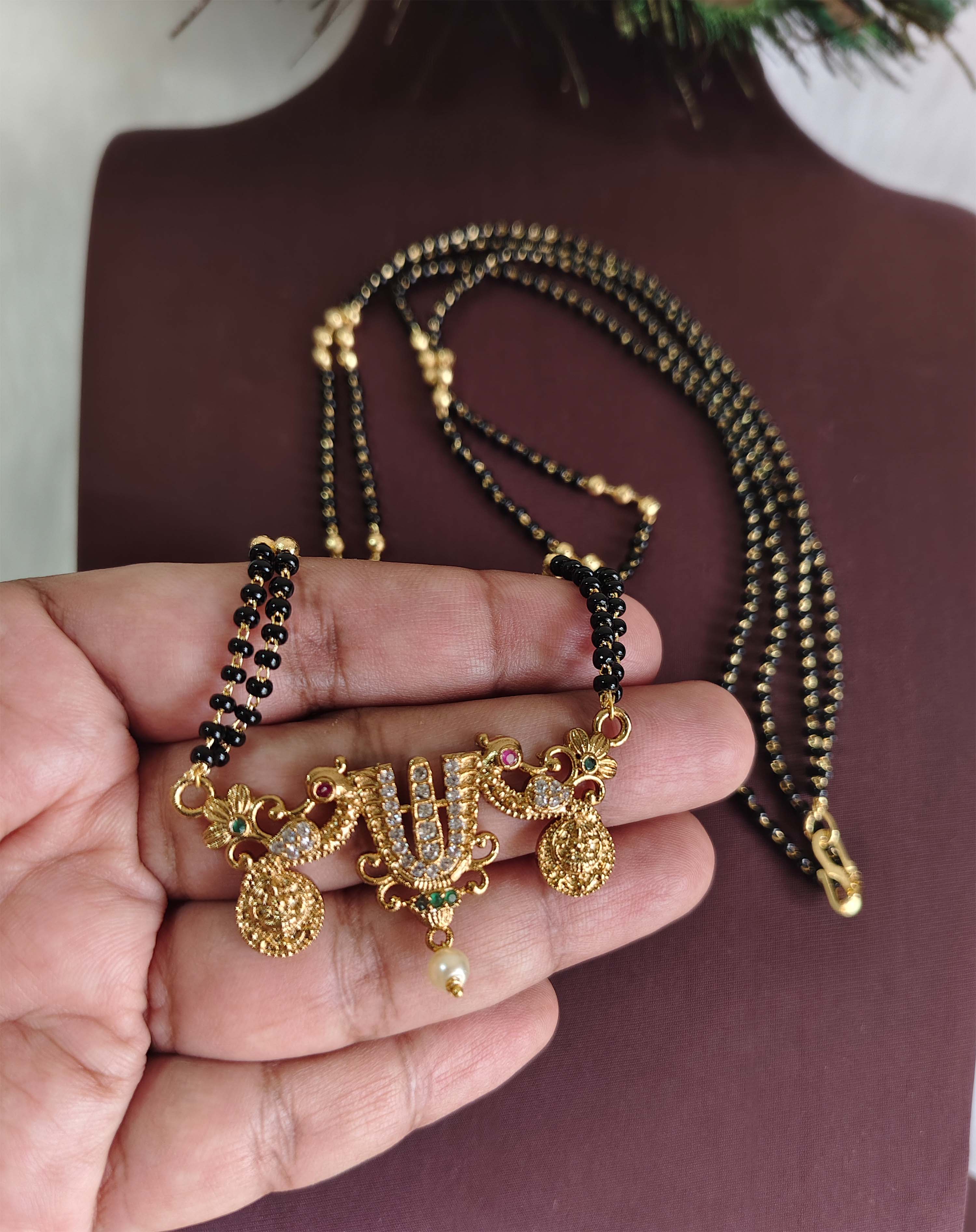 Gold Plated Temple CZ Stone Long Black Beads Necklace T3134