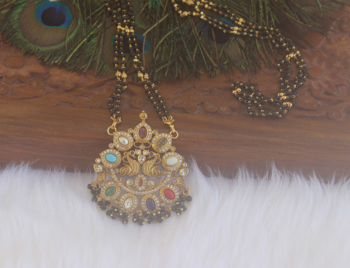 Navaratnam Long Peacock Black Beads Necklace T2193