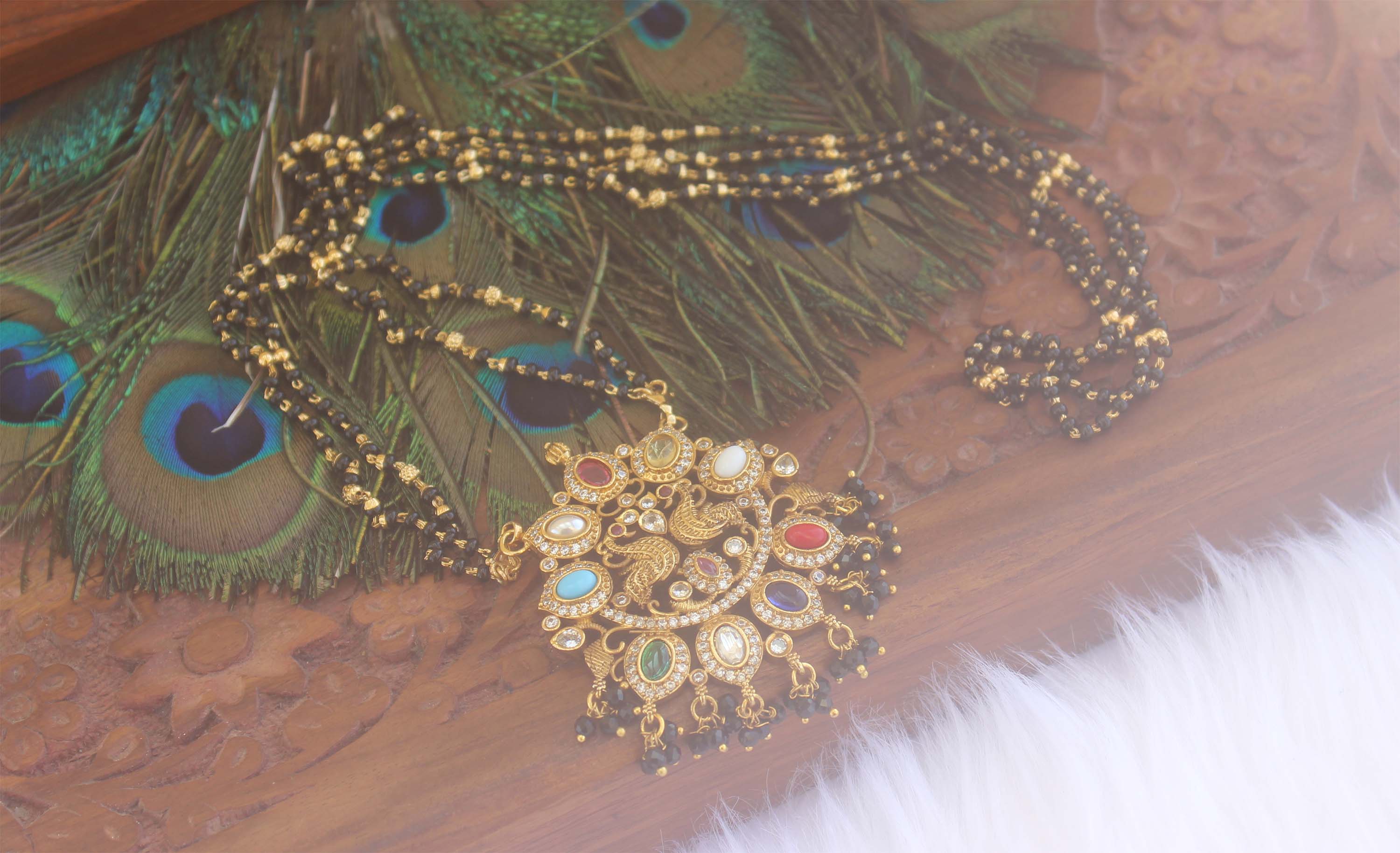 Navaratnam Long Peacock Black Beads Necklace T2193