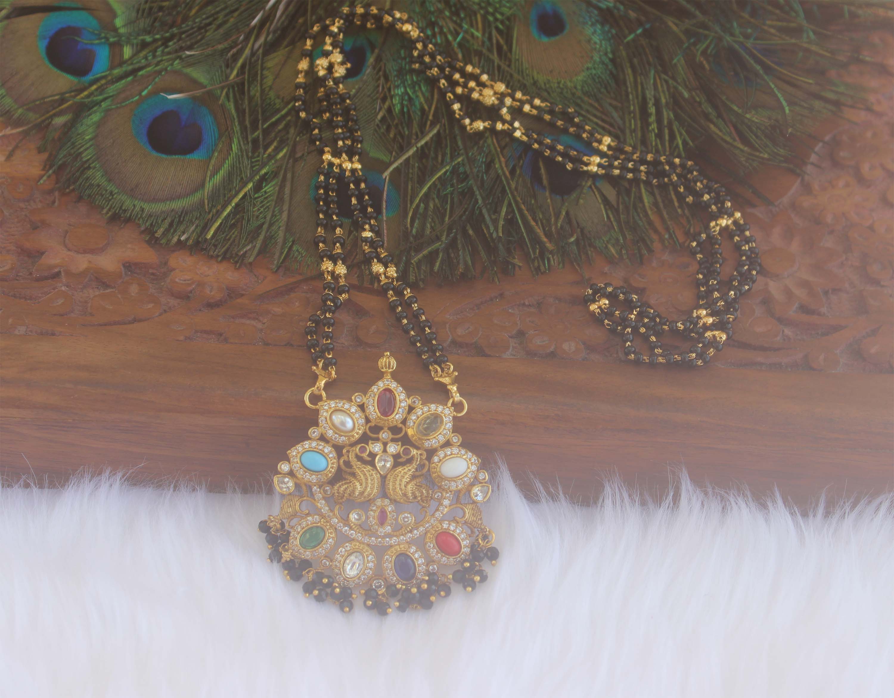 Navaratnam Long Peacock Black Beads Necklace T2193