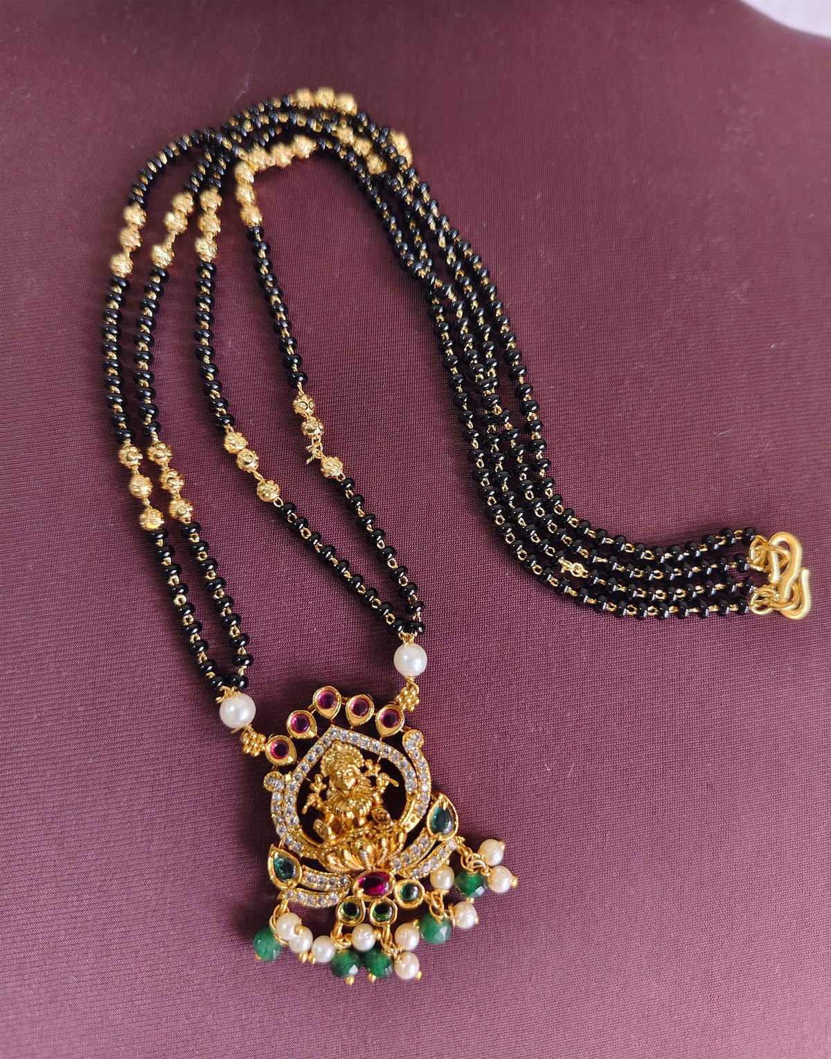 Gold Plated CZ Stone Temple Black Beads Necklace T3135