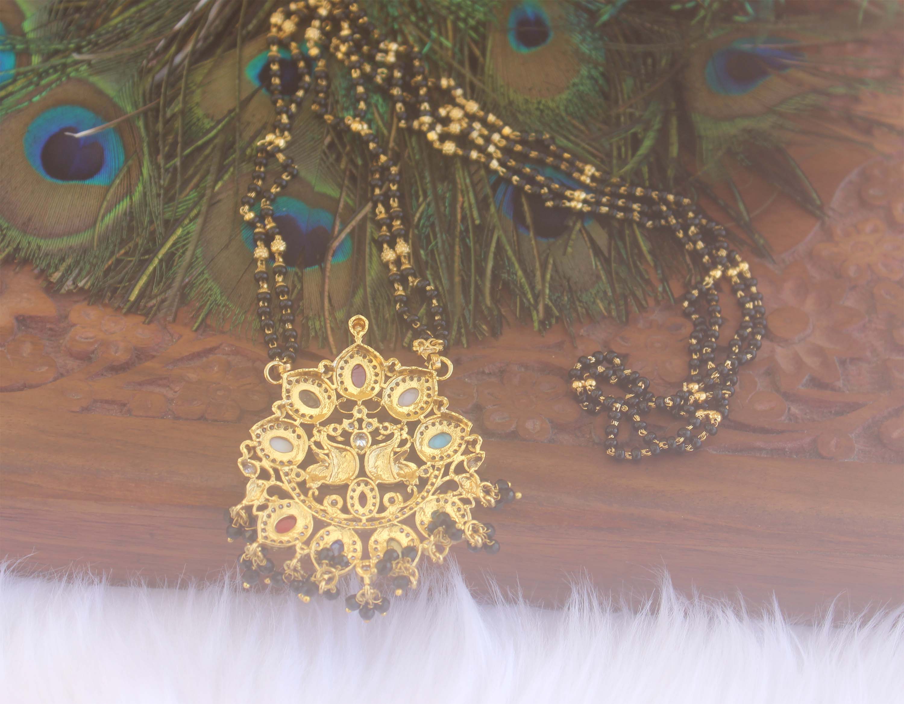 Navaratnam Long Peacock Black Beads Necklace T2193