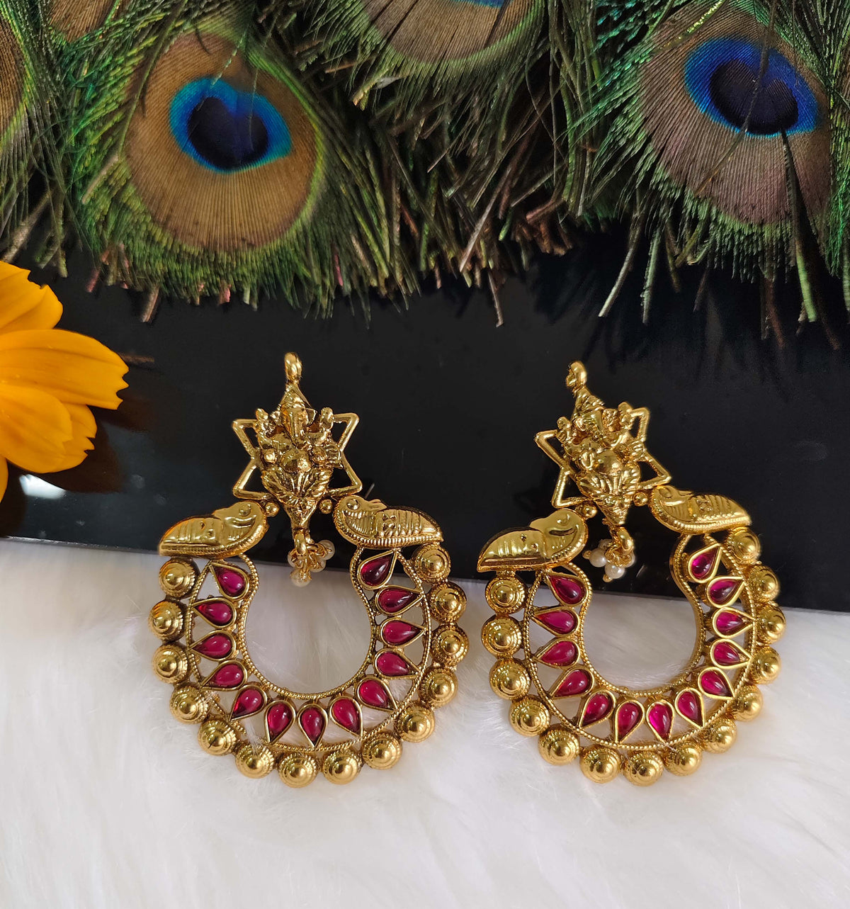 Temple Gold Plated Peacock Ganesh Earrings T2845